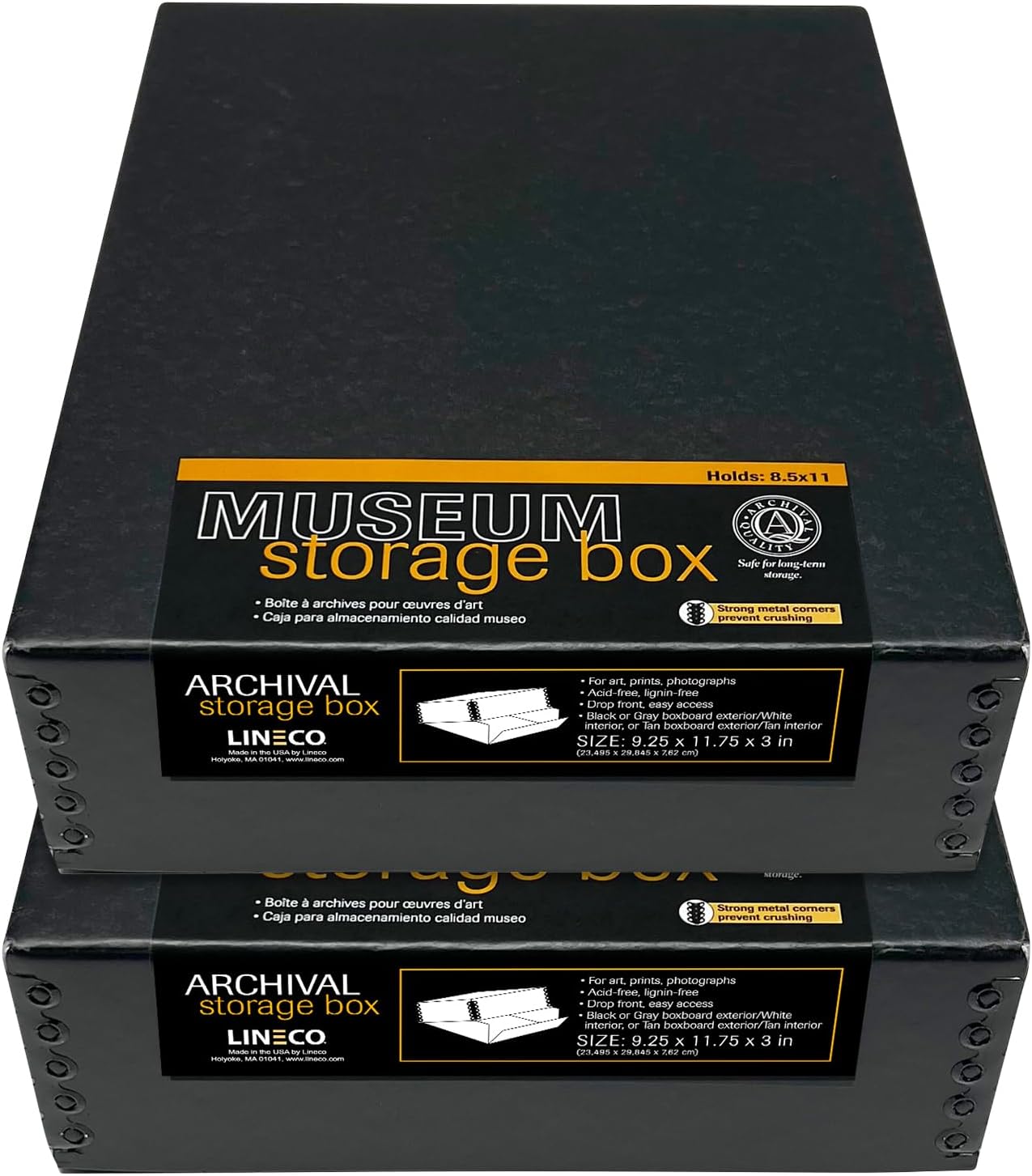 Lineco Museum Archival Storage Box, 9.25x11.75x3 in. Drop Front Design. Acid-Free with Metal Edge. Organize Photos, Pictures, Prints, Documents, Crafts, DIY. Black, 2 Pack