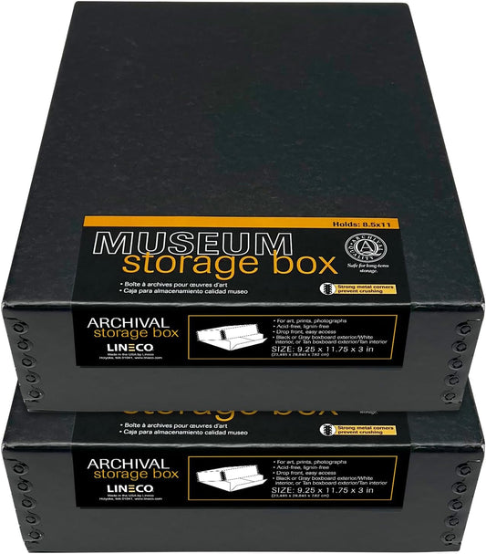 Lineco Museum Archival Storage Box, 9.25x11.75x3 in. Drop Front Design. Acid-Free with Metal Edge. Organize Photos, Pictures, Prints, Documents, Crafts, DIY. Black, 2 Pack