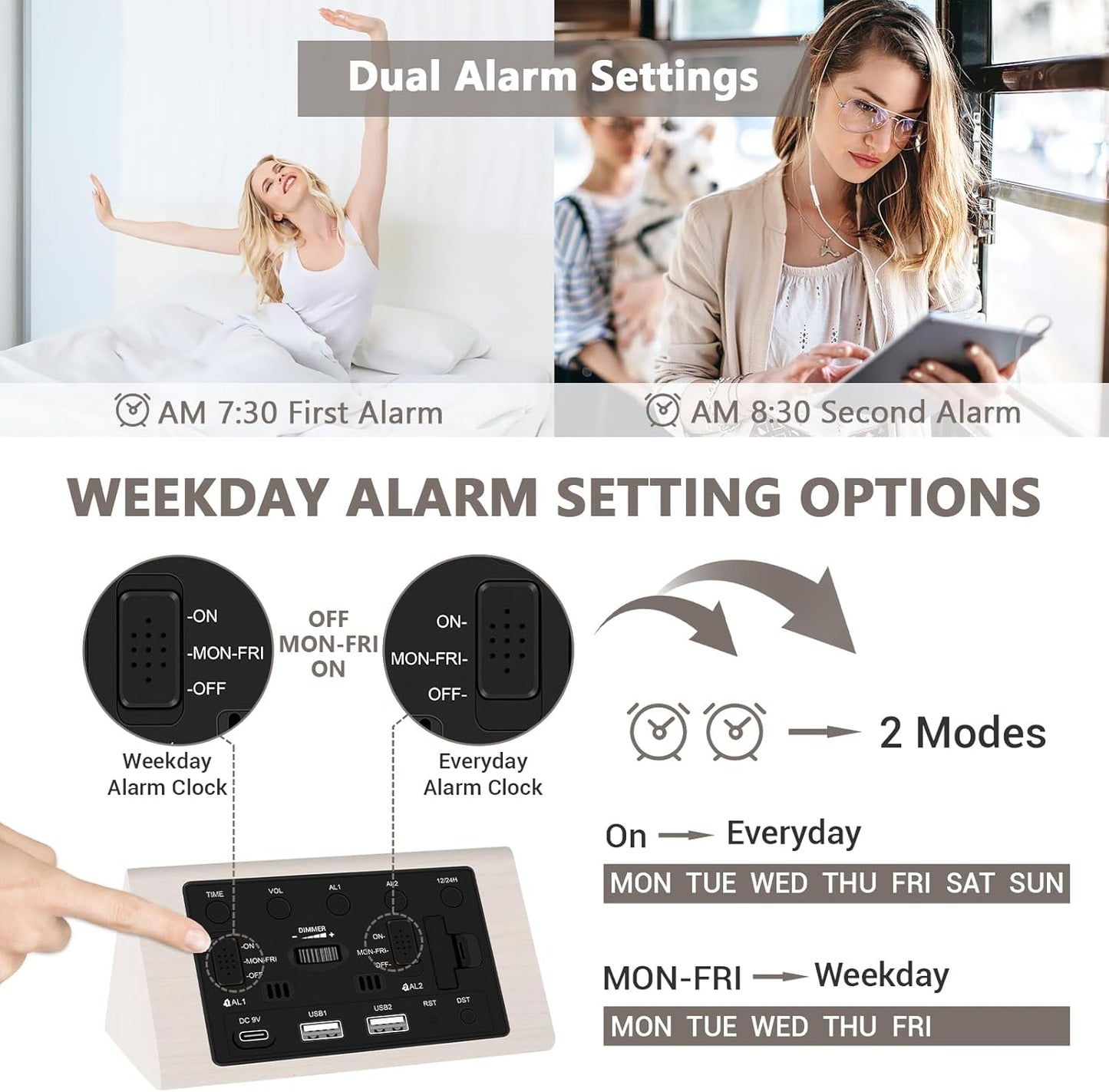 Kogonee Wooden Digital Alarm Clock, 0-100% Dimmer, 2 Alarm Settings, Weekday/Everyday Mode, 9 Mins Snooze, 12/24H, Temperature and Date Display for Office, Travel, Bedroom Alarm Clock (White)