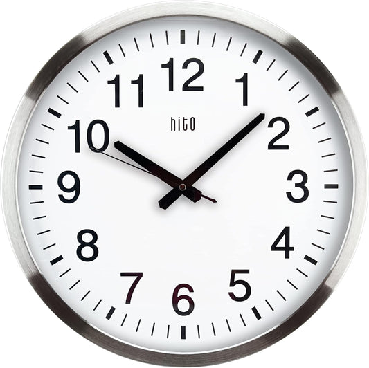 HITO 16" Silent Wall Clock Battery Operated Non Ticking Sweep Movement Glass Cover Silver Aluminum Frame, for Kitchen, Bedroom, Home Office, Living Room Decor