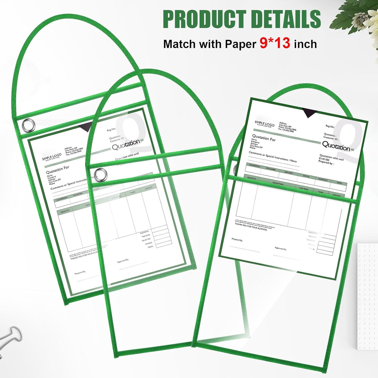 Epakh 30 Pack Office Products Shop Ticket Holders with Hanging Strap 9 x 12 Inches, Dry Erase Pockets, Job Ticket Holders, Both Sides Clear, Welcome to Work Order(Green)