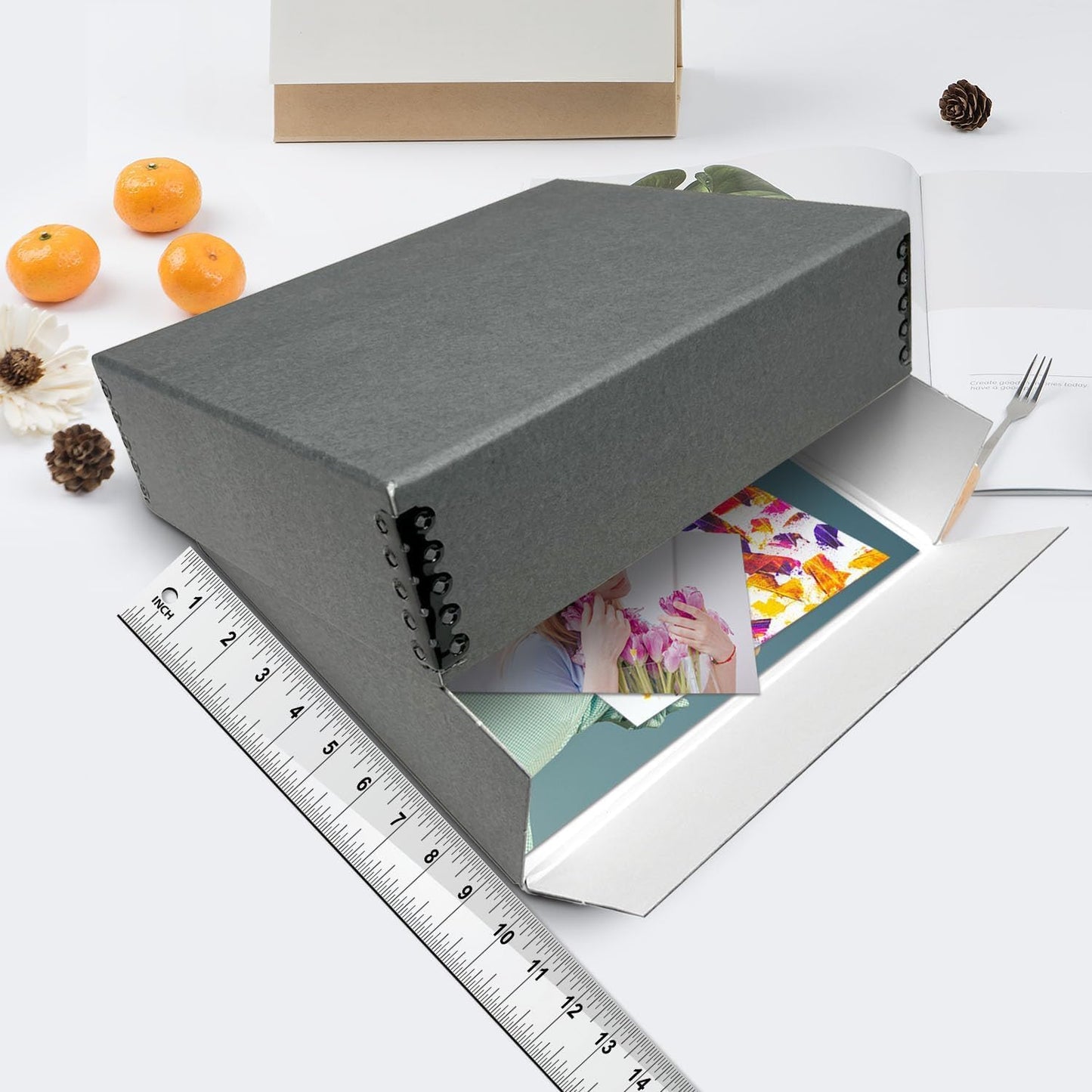 Lineco Museum Archival Storage Box, 9.75x12.75x3 in. Drop Front Design. Acid-Free with Metal Edge. Organize Photos, Pictures, Prints, Documents, Crafts, DIY. Gray, 1 Pack