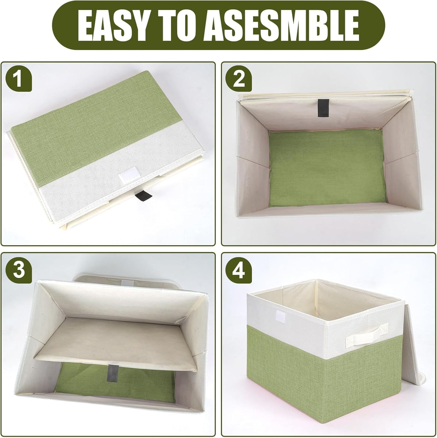 Large 22 Quart Linen Fabric Foldable Storage Bin Cube Organizer Basket with Flip-Top Lid & Handles, Clothes Blanket Box for Home, Office, Closet, Green & White, 4 Pack 14.6 x 9.5 x 9.5