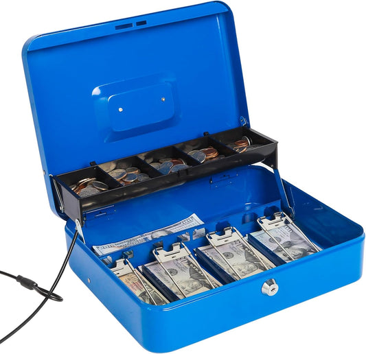 Jssmst Large Locking Cash Box with Money Tray, Lock Box with Security Cable Metal Money Box with Key Lock, Blue