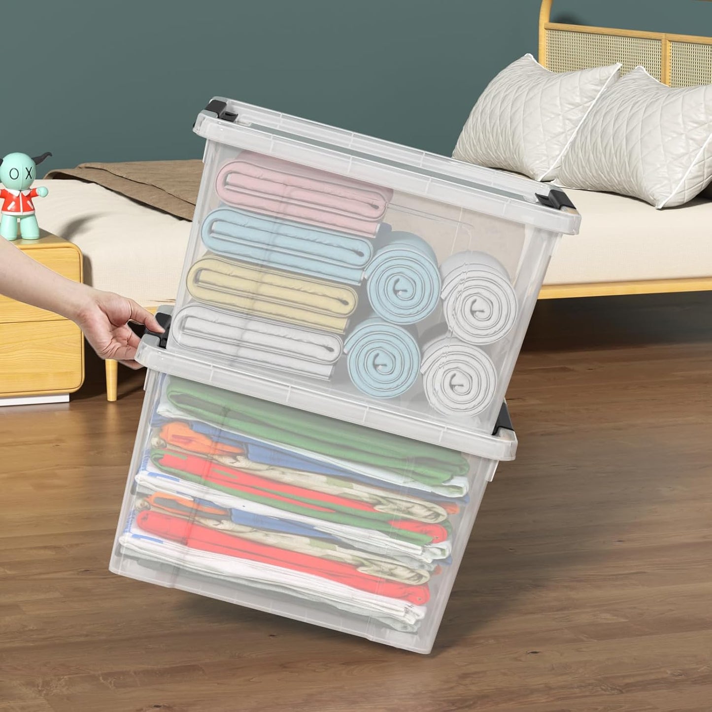 22 Quart Stackable Plastic Storage Bins with Lids and Latching Buckles, 4 Pack Tubs Boxes Organizing, Clear