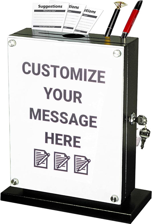 Large Suggestion Box With Slot and Lock - Metal Wall Mounted Ballot Box, Donation Case, Safe Lock Tip Jar For Fundraising, Hotel, Bar and School Voting Use (Black, 10'' x 4.75'' x 12.5'')