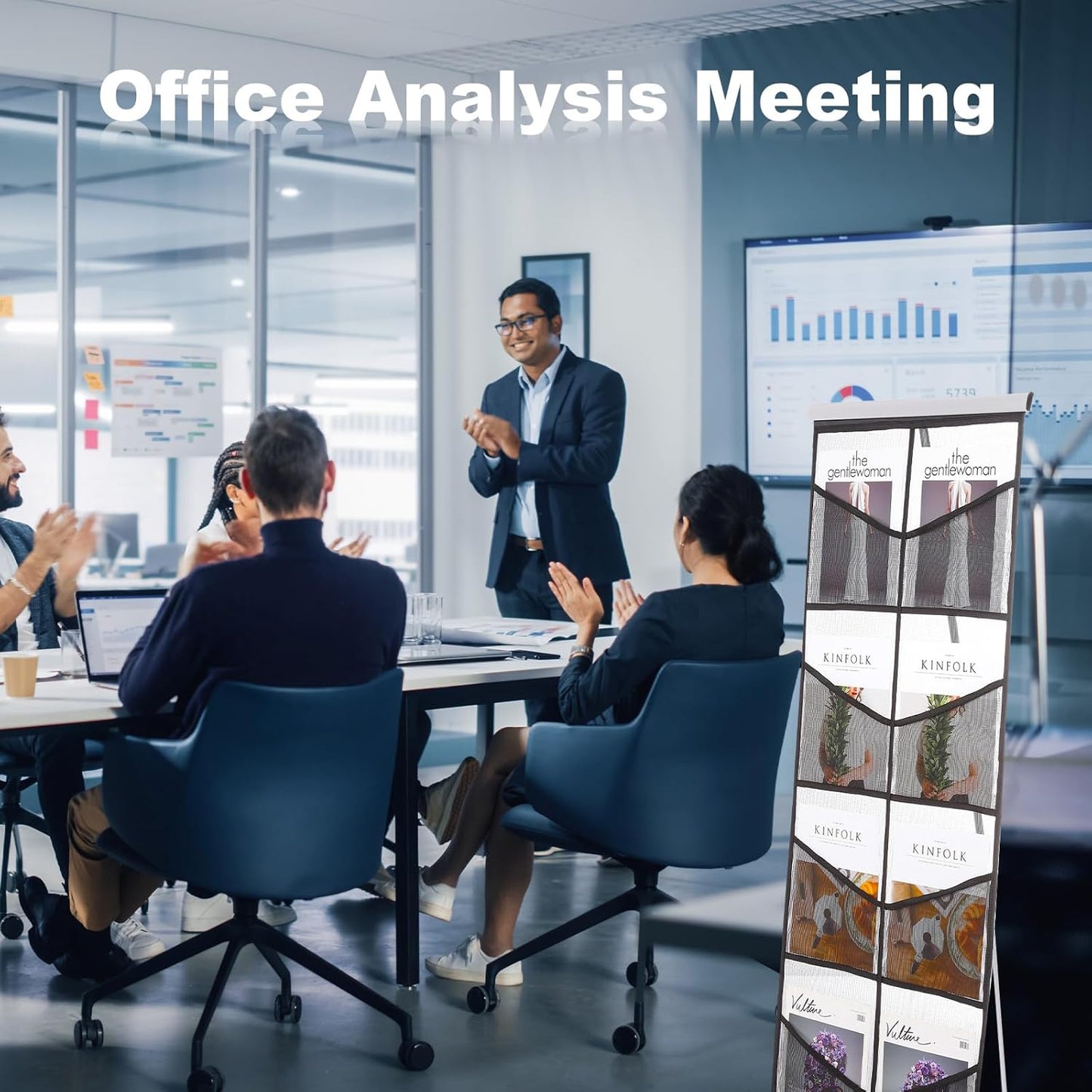 PATIKIL Portable Magazine Display Racks Floor Standing Double A4 8 Mesh Pockets Brochure Stand Catalog Literature Holder for Hotel, Exhibition, Office, Gray