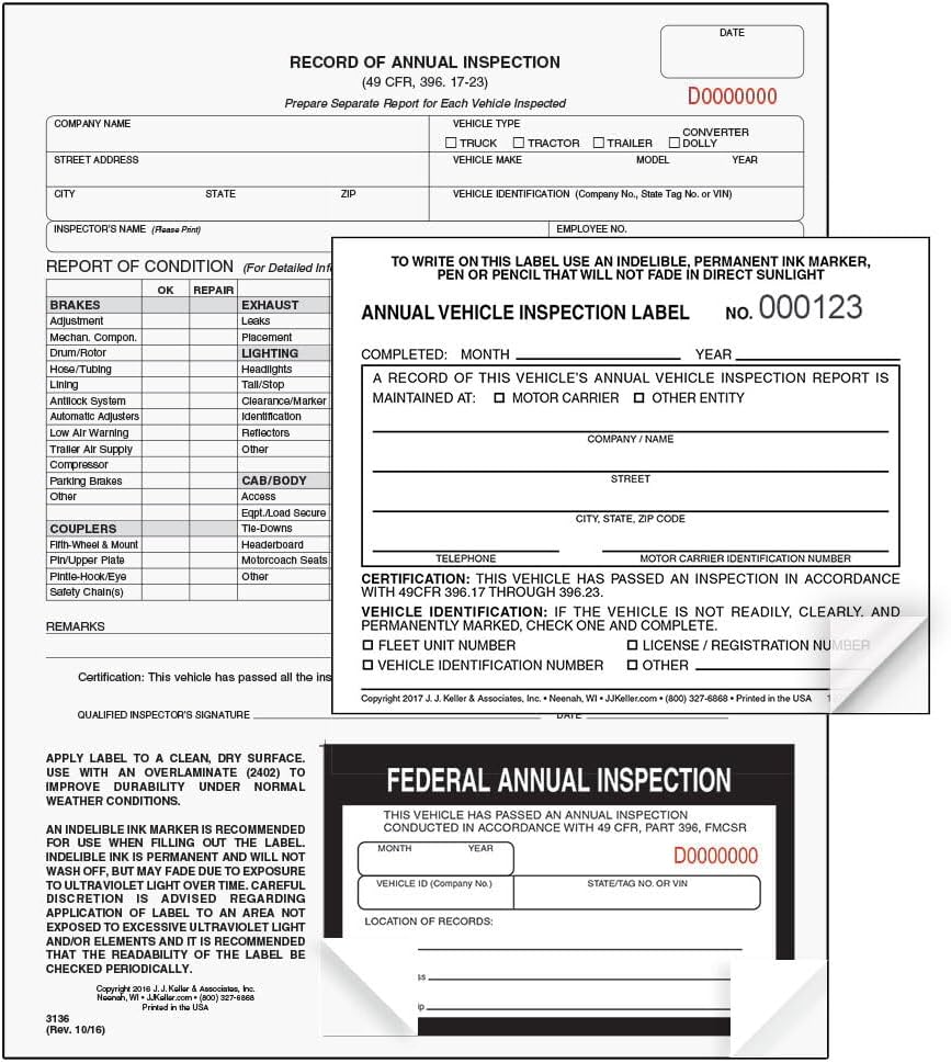 J. J. Keller 50-Pack, Record of Annual Inspection Form with Inspection Decal & Prenumbered Vinyl Adhesive Label 2-Ply, 2-Ply Carbonless Form, DOT Compliant