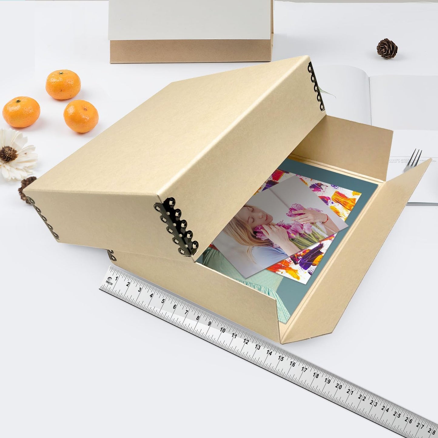 Lineco Museum Archival Storage Box, 14.75x18.75x3 in. Drop Front Design. Acid-Free with Metal Edge. Organize Photos, Pictures, Prints, Documents, Crafts, DIY. Tan, 1 Pack