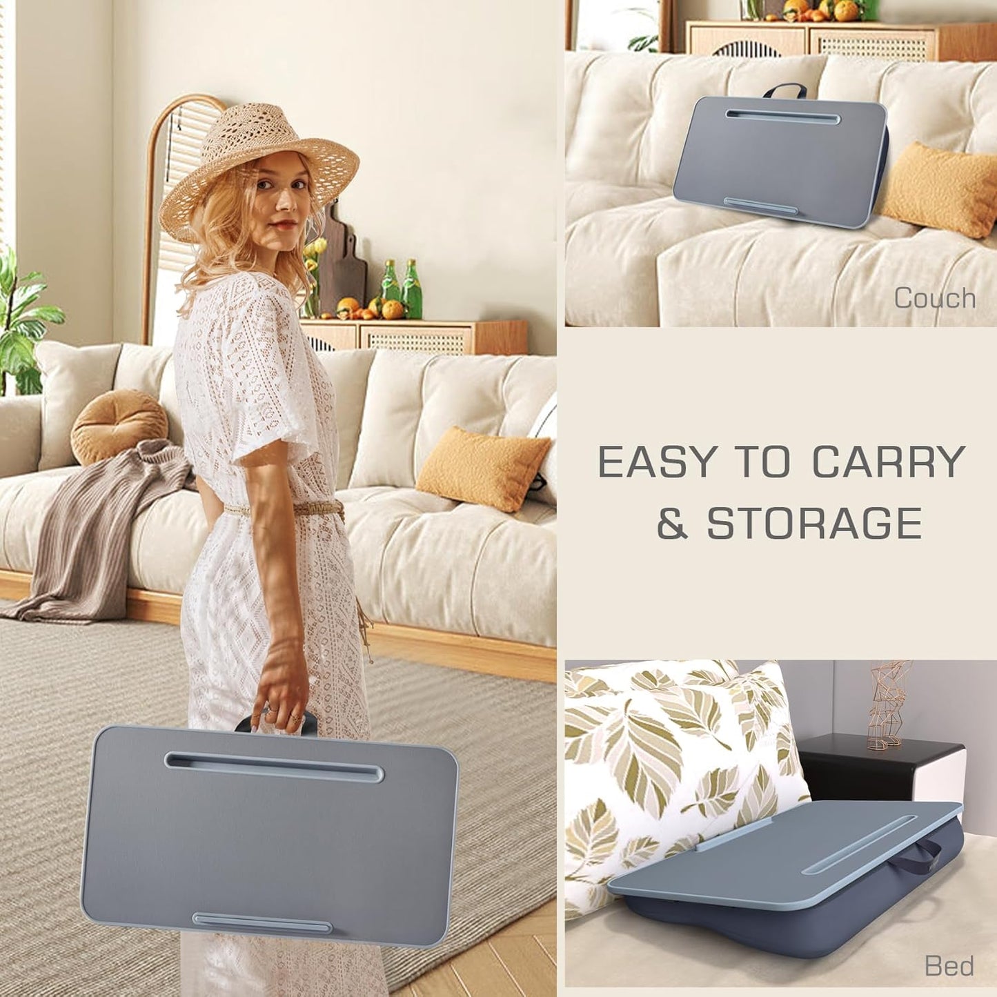 Lap Desk, Lap Desk with Cushion, Fits up to 17 inch Laptop, Pillow Designed, Portable Laptop Stand with Tray, Pad & Phone Holder, Home Office for Bed/Couch/Car/Reading/Writing, MillHome (Gray)