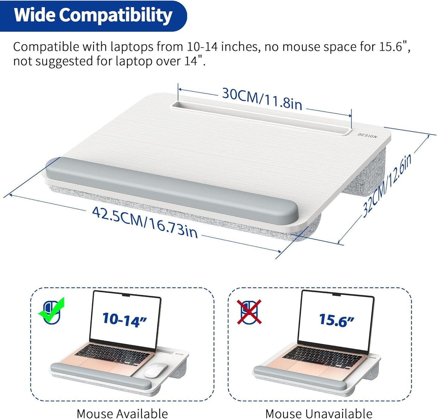 Besign LT08 Laptop Stand, Portable Lap Desk with Pillow Cushion, Fits up to 14 inch Laptop, with Anti-Slip Strip for Desk, Sofa & Bed, White and Gray