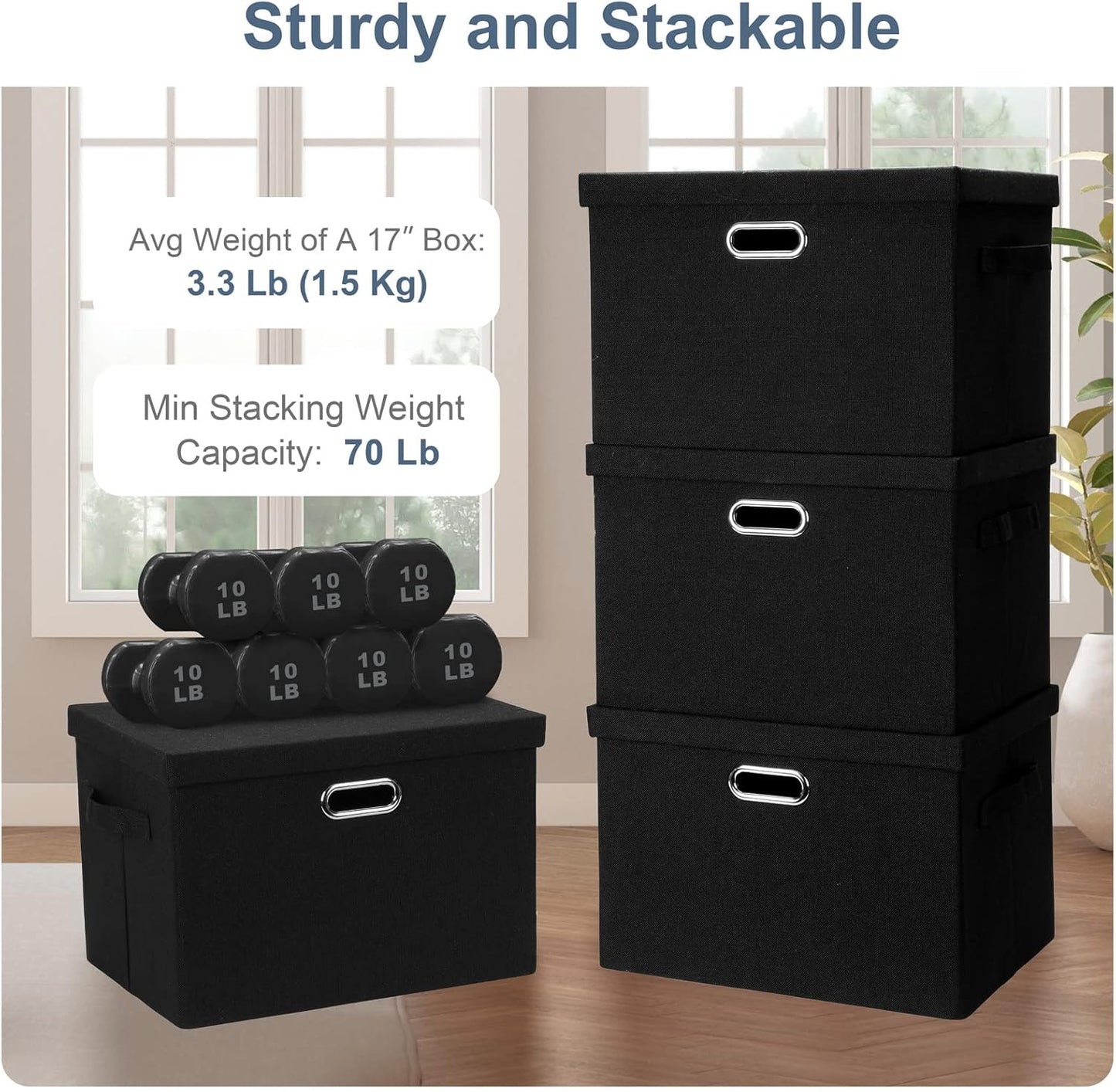 Large 17" 36 Quart Collapsible Stackable Storage Bins with Lids, 1 Pack Black Foldable Fabric Closet Storage Boxes with Lids, 4 Handles Heavy-duty Linen Cube Baskets for Bedroom