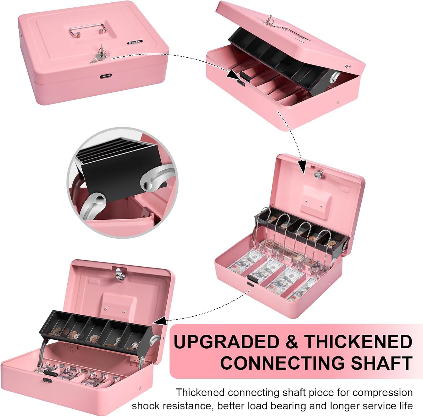 Cash Box Metal Money Box with Tray & Key Lock,Tiered Locking Cash Boxes,Durable Lock Safe Box with Key,4 Bill 5 Coin Slots,Cantilever Design,Large (Large, Top-Key Pink)
