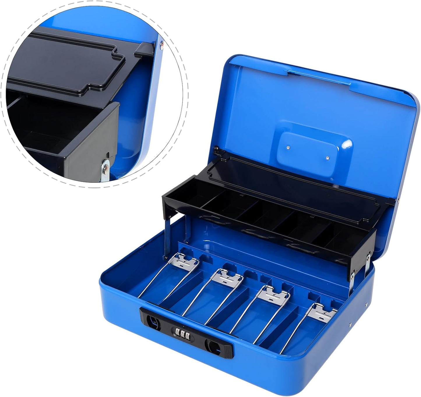 Jssmst Locking Cash Box with Coin Lid, 11.8L x 9.5W x 3.5H Inches, Latch Safe Money Box with Combination Lock, Blue