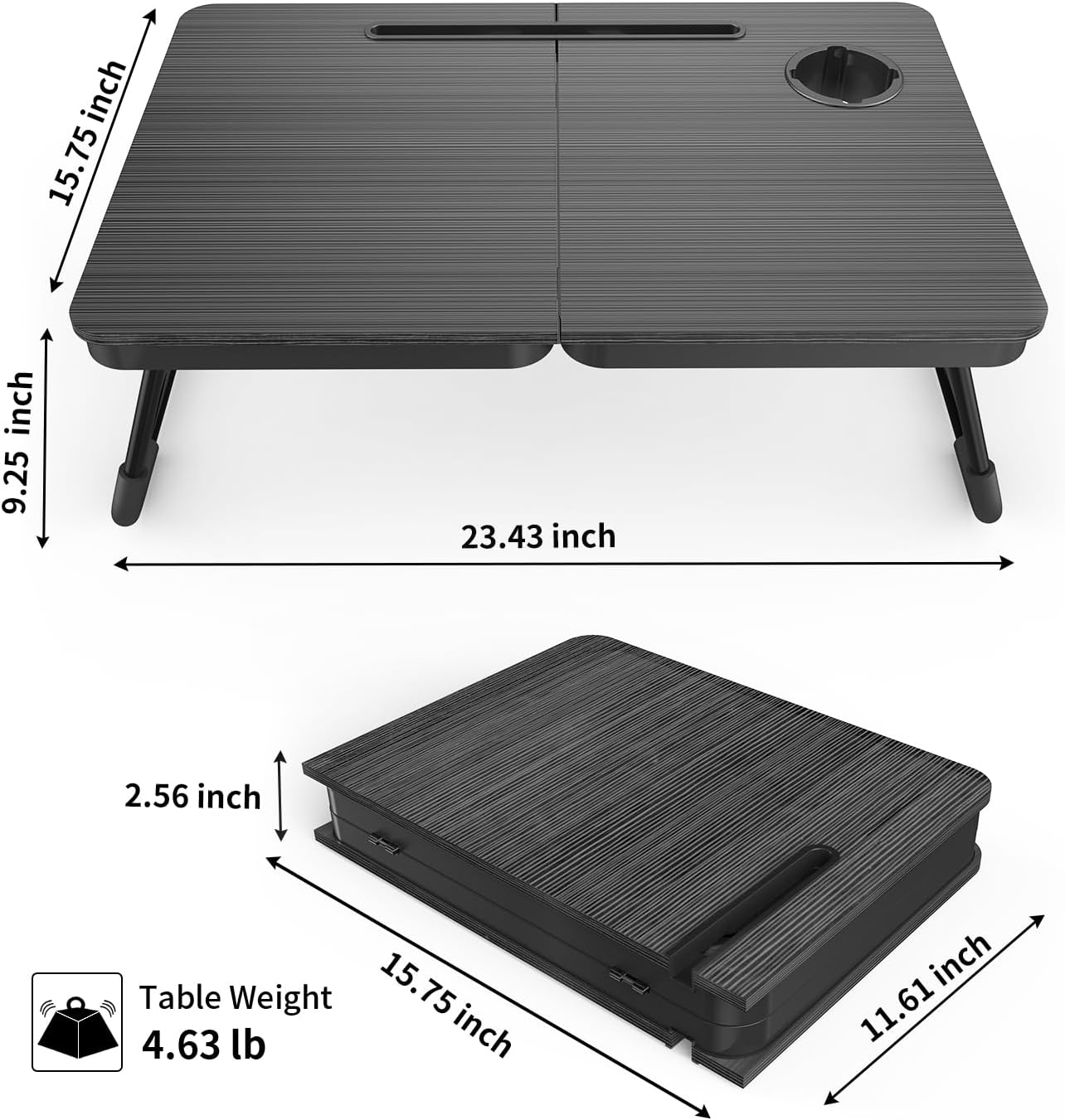 BUYIFY Portable Foldable Laptop Desk for Bed and Couch, Adjustable Lap Desk with Cup Holder and Phone Holder, Ideal for Working, Reading, Writing, and Breakfast (Black)