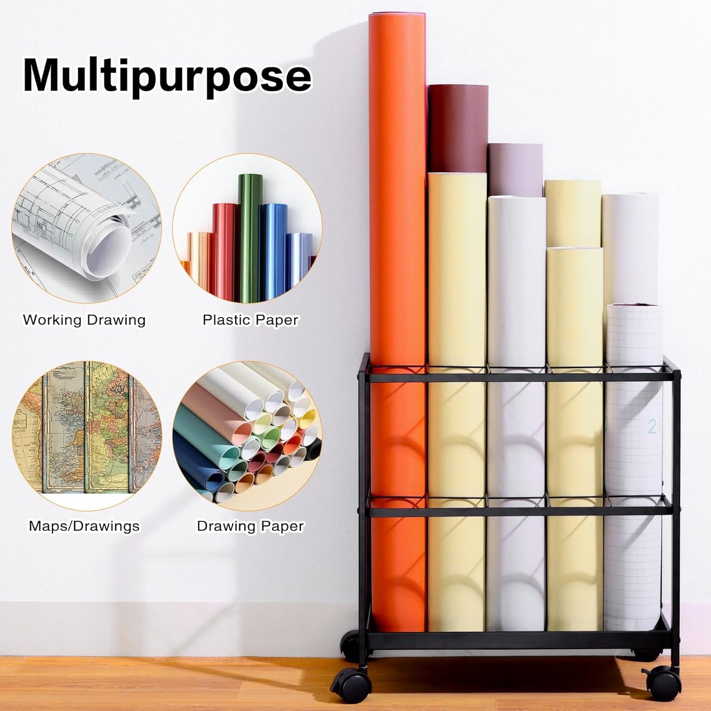 Premium Blueprint Storage Rack Cart - 15 Slots Metal Blueprint Holder with Double-Layer Grids Ensures Secure, Non-Slip Storage, Organizing Posters, Architectural Plans, and Artwork Stably.