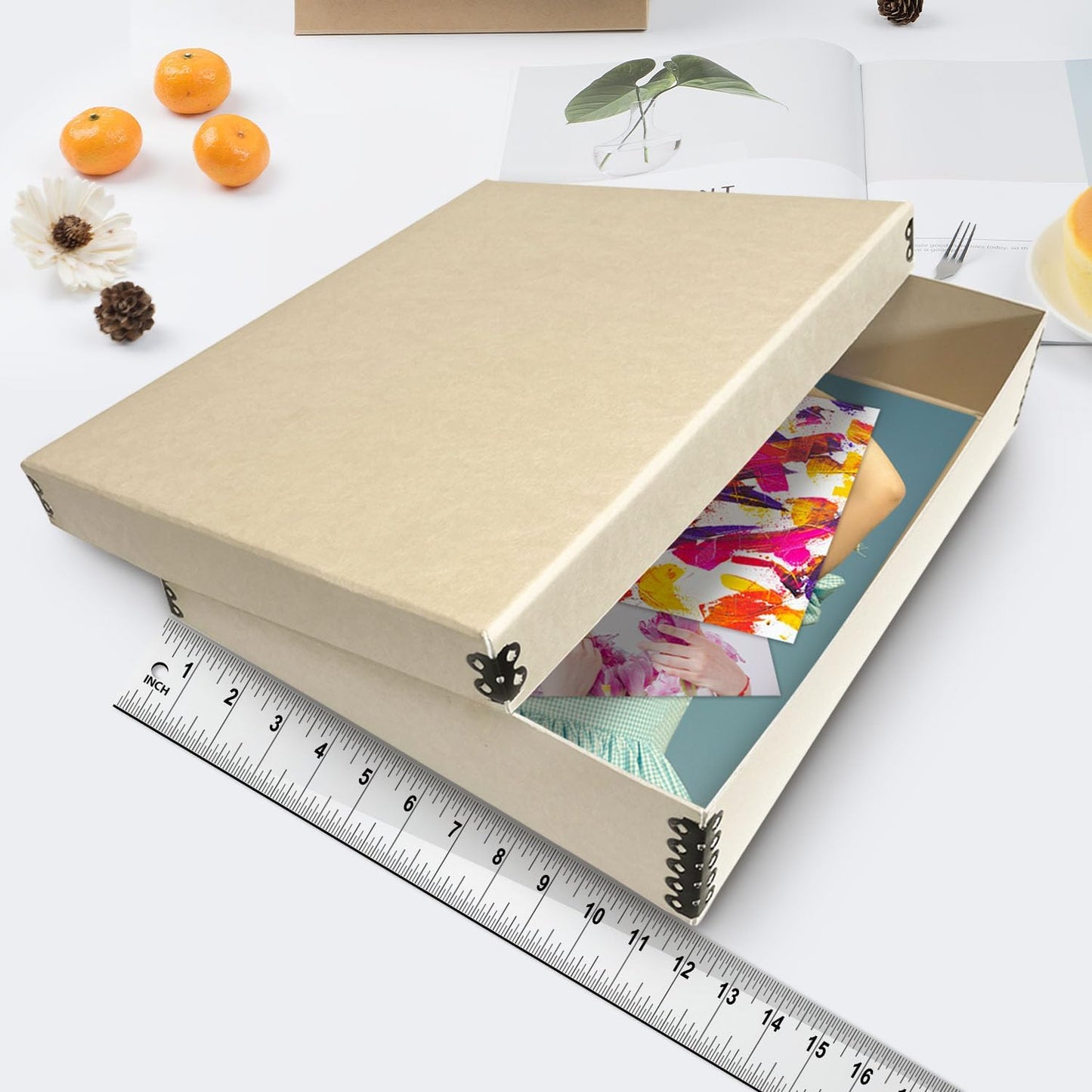 Lineco Museum Archival Storage Box, 11.75x14.75x3 in. Drop Front Design. Acid-Free with Metal Edge. Organize Photos, Pictures, Prints, Documents, Crafts, DIY. Tan, 1 Pack