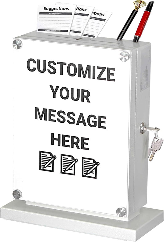 Large Suggestion Box With Slot and Lock - Metal Wall Mounted Ballot Box, Donation Case, Safe Lock Tip Jar For Fundraising, Hotel, Bar and School Voting Use (White, 10'' x 4.75'' x 12.5'')