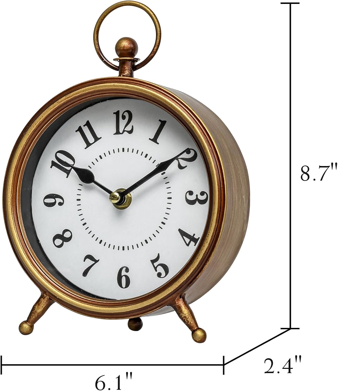 Small Gold Table and Shelf Desk Clock,Vintage Small Table Clock on Stand, Decorative Desk and Shelf Clock Farmhouse Mantel Non-Ticking Clock Rustic Metal Frame with Antique Gold Finish