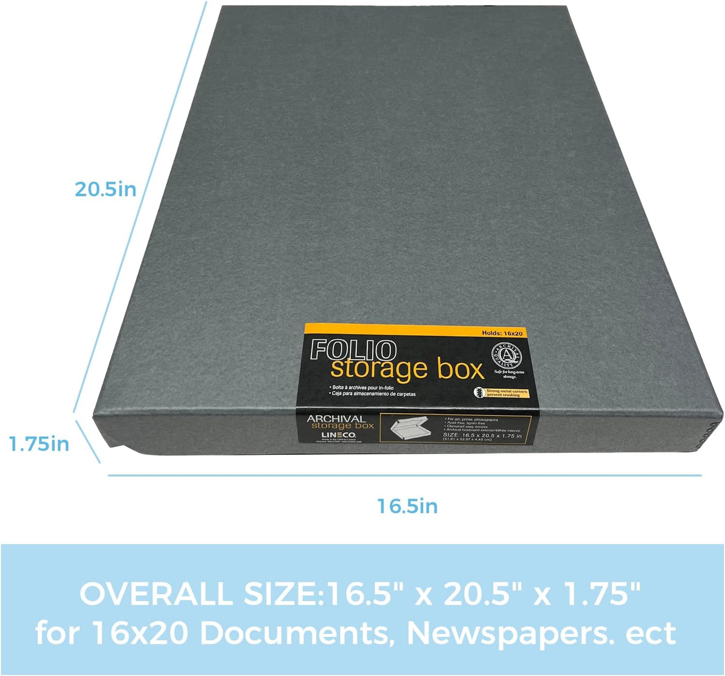 Lineco Folio Storage Box, Clamshell Design with Metal Edge. 16.5x20.5x1.75 Inches, Archival Boxboard, Preserve Photos, Cards, Magazines, Documents, Art, Ephemera, Family Records, Gray, Pack of 2