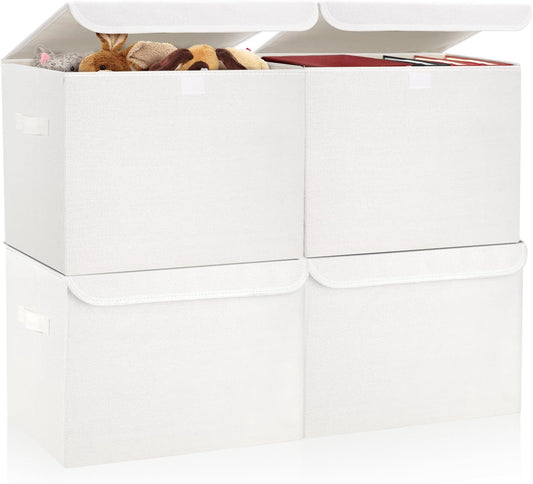 Large 22 Quart Linen Fabric Foldable Storage Bin Cube Organizer Basket with Flip-Top Lid & Handles, Clothes Blanket Box for Home, Office, Closet, White, 4 Pack 14.6 x 9.5 x 9.5”