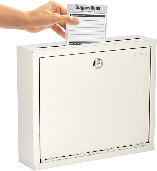 Adir Metal Suggestion Box with Lock and Slot, Wall Mount Deposit Box for Payments and Checks, Office Mail Box for Employees, Mailbox for House, Safe Drop Box with Keys - 3x10x12 Inch White