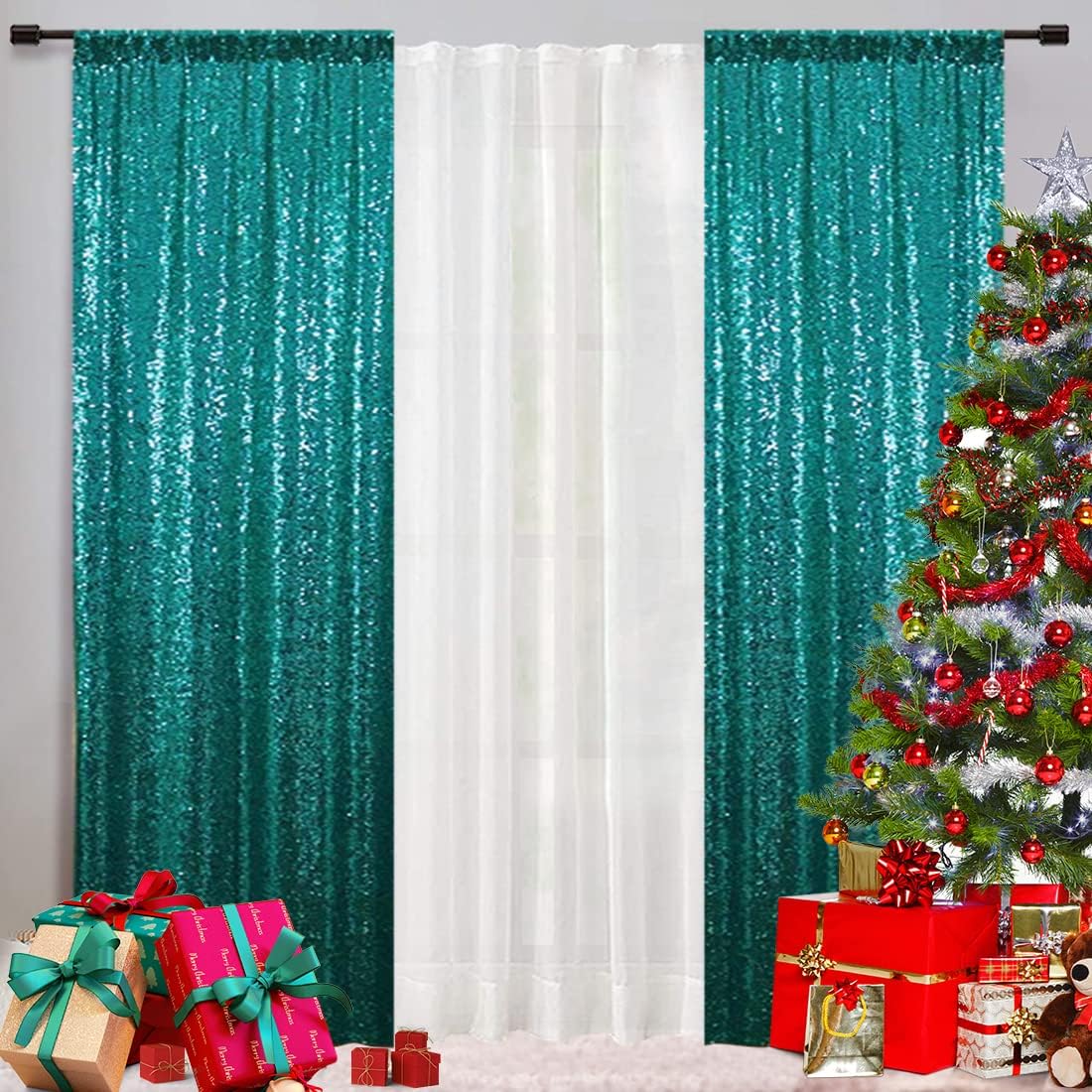 Eternal Beauty Sequin Backdrop Curtains, 2x8 Ft-2 Panels Teal Back Drop for Shimmer Photography Party Wedding Birthday Decor