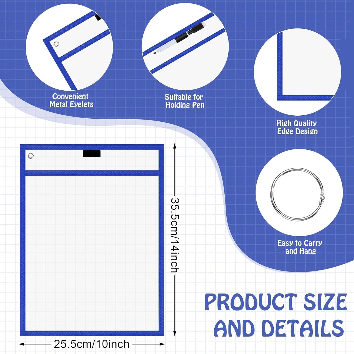 Teling 150 Pcs Dry Erase Pockets Bulk Reusable Job Ticket Holders Clear Plastic Sleeve Protector Work Order Sleeve Shop Ticket Holder for Welcome Teacher Back Office Supplies(10 x 14'',Black Blue)