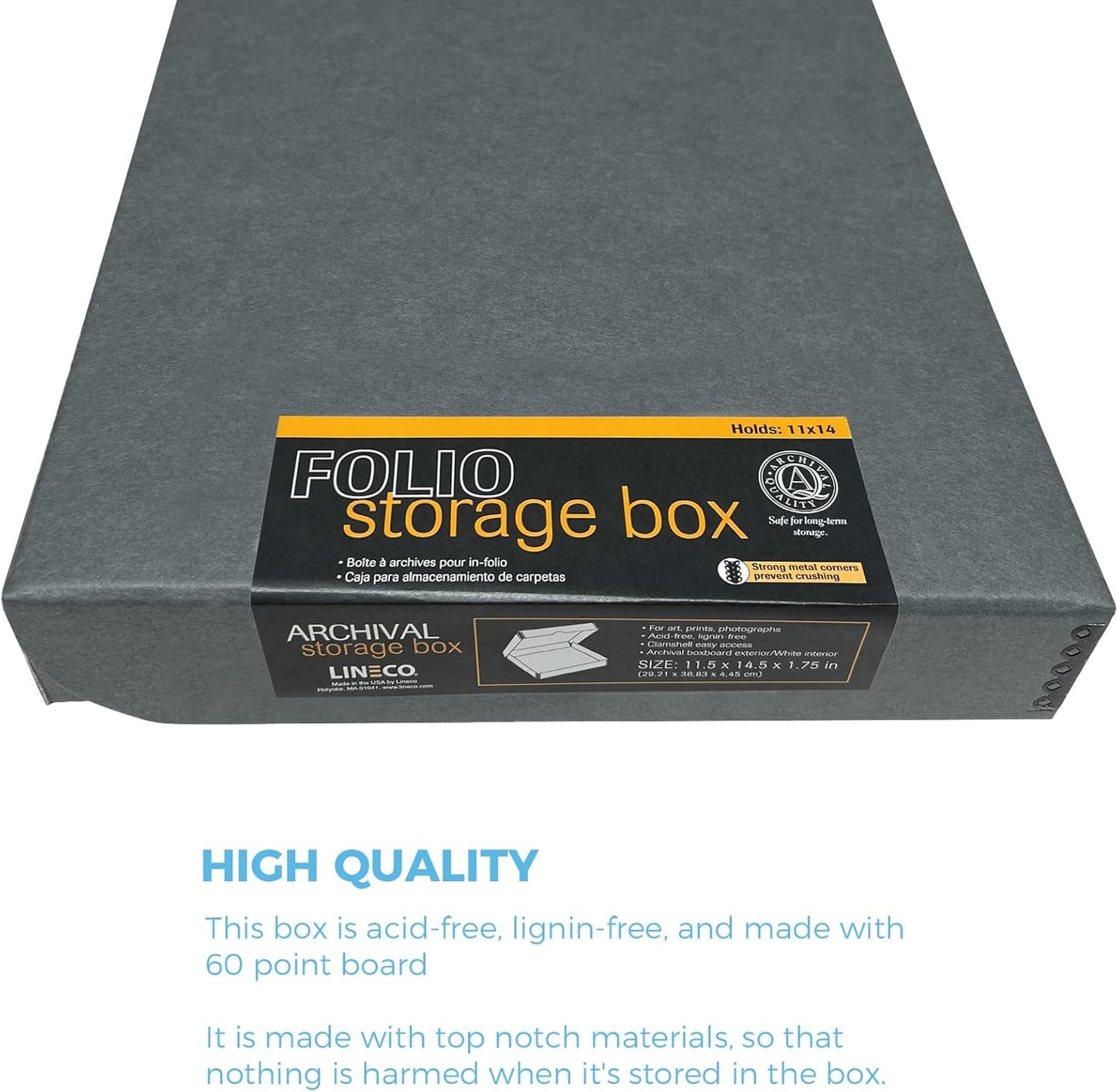 Lineco Archival Folio Storage Boxboard, Acid-Free with Metal Edges Boxboard, 11.5 X 14.5 X 1.75 Inches, Longevity Organize and Store Photos Documents Crafts Cards Magazines Prints DIY, Gray Exterior