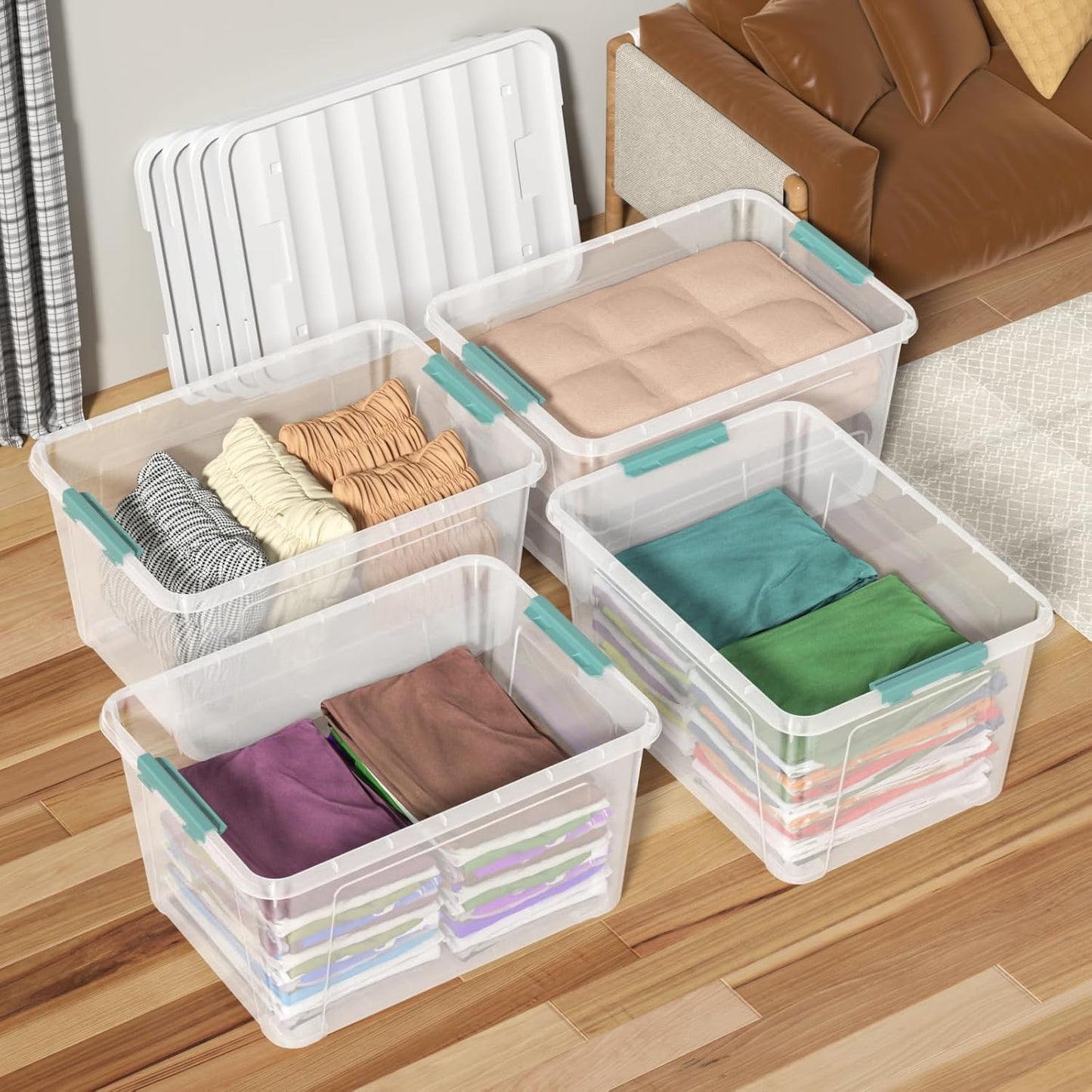 85 Quart (21 Gallon) Clear Large Plastic Storage Latch Box with Lid, Plastic Storage Bins with Wheels, 4-Pack