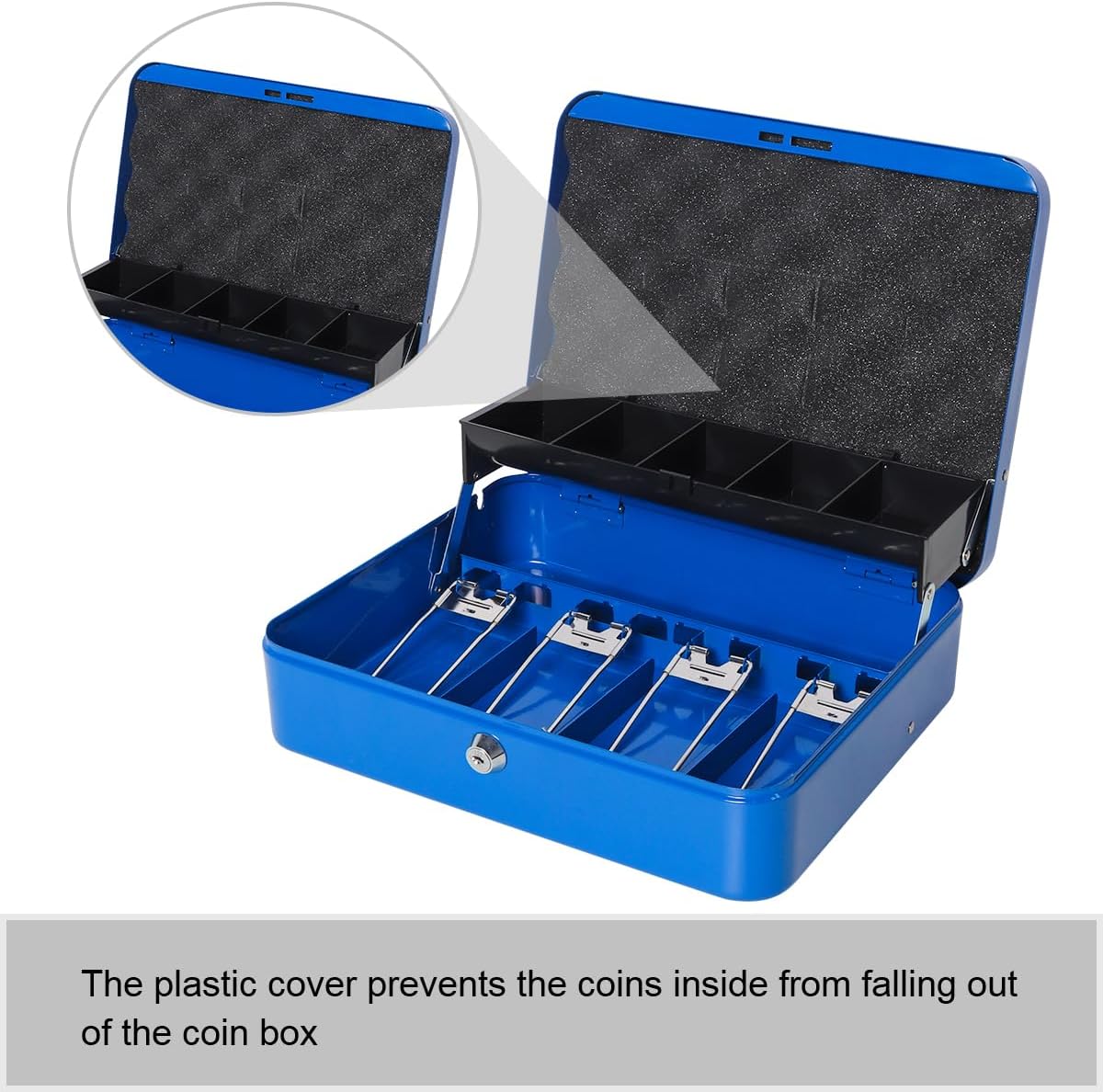 Jssmst Large Locking Cash Box with Money Tray, Lock Box with Security Cable Metal Money Box with Key Lock, Blue