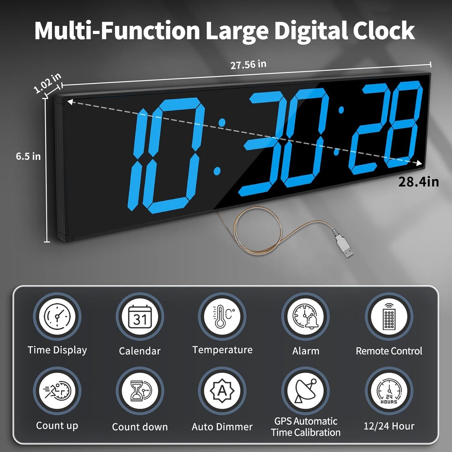 28.4''Large Digital Wall Clock,Automic Digital Clock with Alarm,Clendar and Termperature,Auto Time Sync with Easy Operation, Big Gym Timer with Countdown,Countup and Interval Workout(Blue)