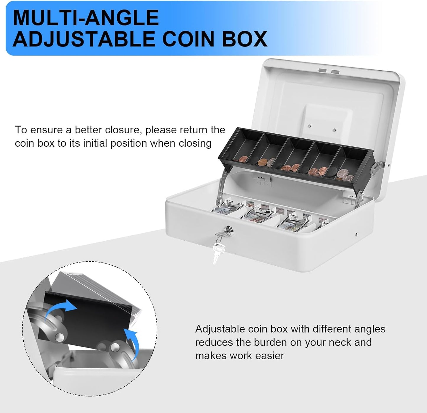 Cash Box Key Lock on Side, Cash Box with Money Tray & Key Lock 4 Bill 5 Coin Slots,Large Safe Lock Box with Key,Metal Money Saving Organizer for Security 11.8L x 9.5W x 3.5H Inches, White