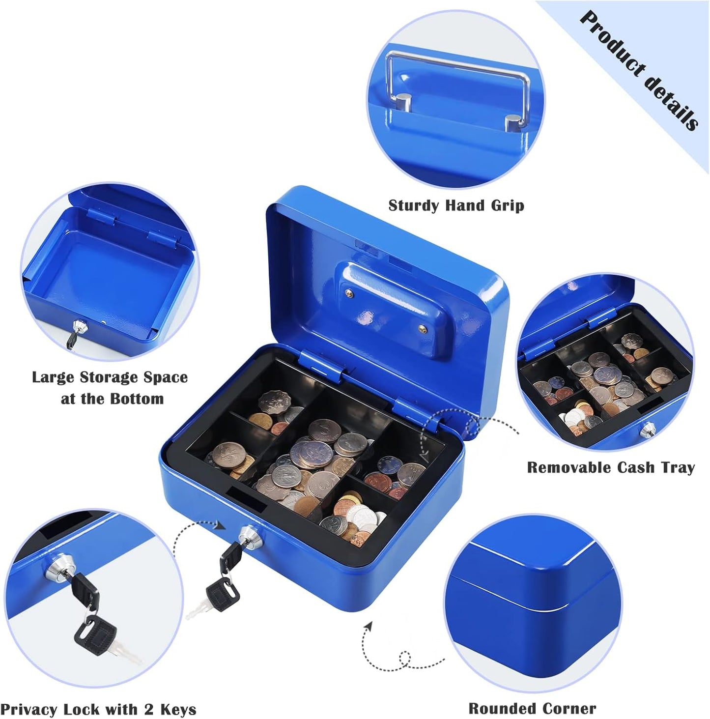 xydled Locking Steel Medium Cash Box with Removable Coin Tray and Key Lock,7.87"x 6.30"x 3.54",Blue