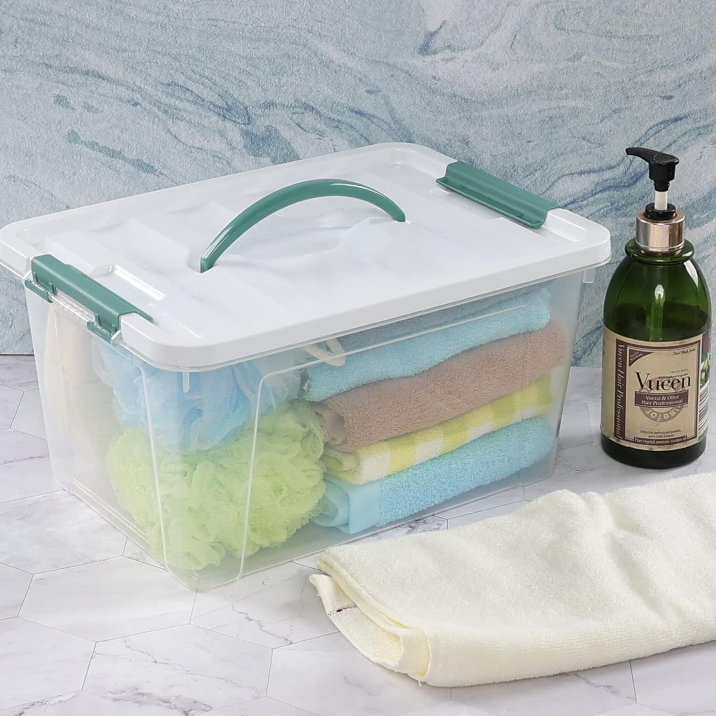 Pekky 14 Quart Plastic Lidded Storage Bins Set of 8, Clear Latching Storage Box with Handle