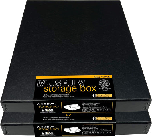 Lineco Museum Archival Storage Box, 11.75x15.25x1.5 in. Drop Front Design. Acid-Free with Metal Edge. Organize Photos, Pictures, Prints, Documents, Crafts, DIY. Black, 2 Pack