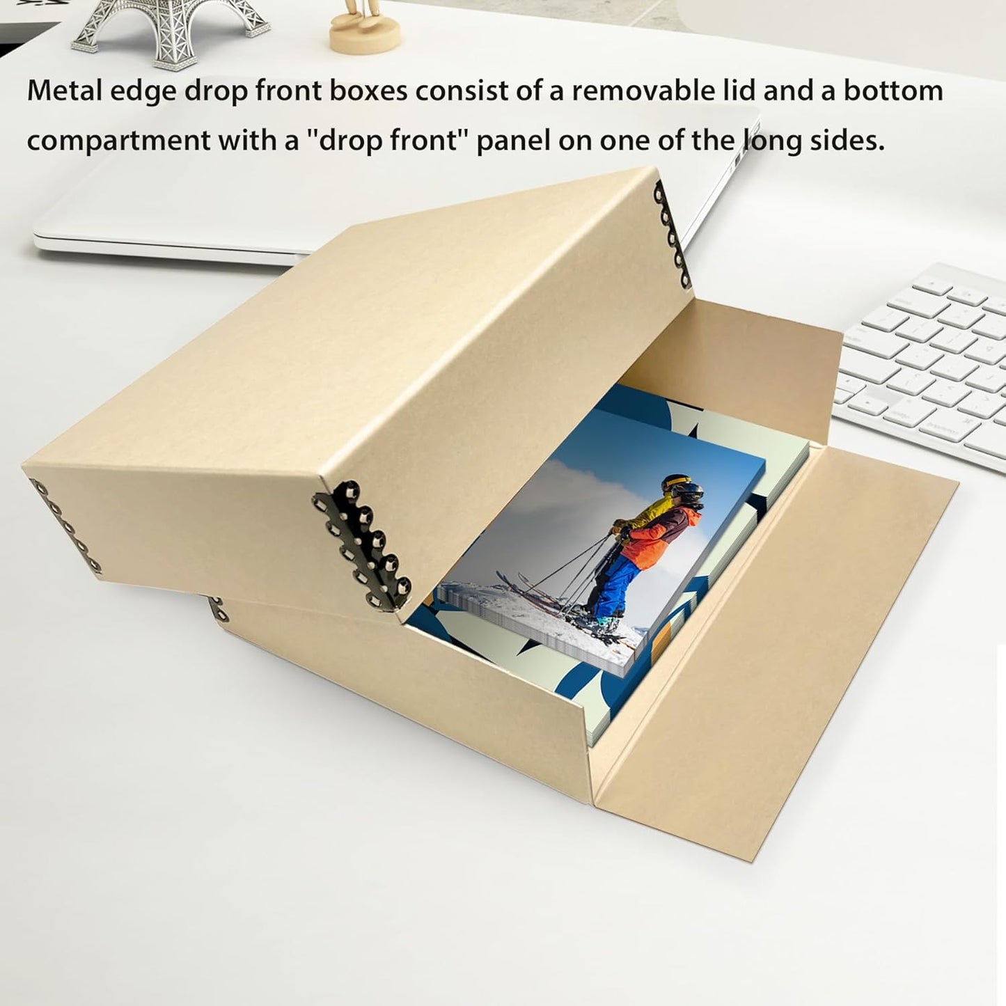 Lineco Museum Archival Storage Box, 17.75x22.75x3 in. Drop Front Design. Acid-Free with Metal Edge. Organize Photos, Pictures, Prints, Documents, Crafts, DIY. Tan, 1 Pack