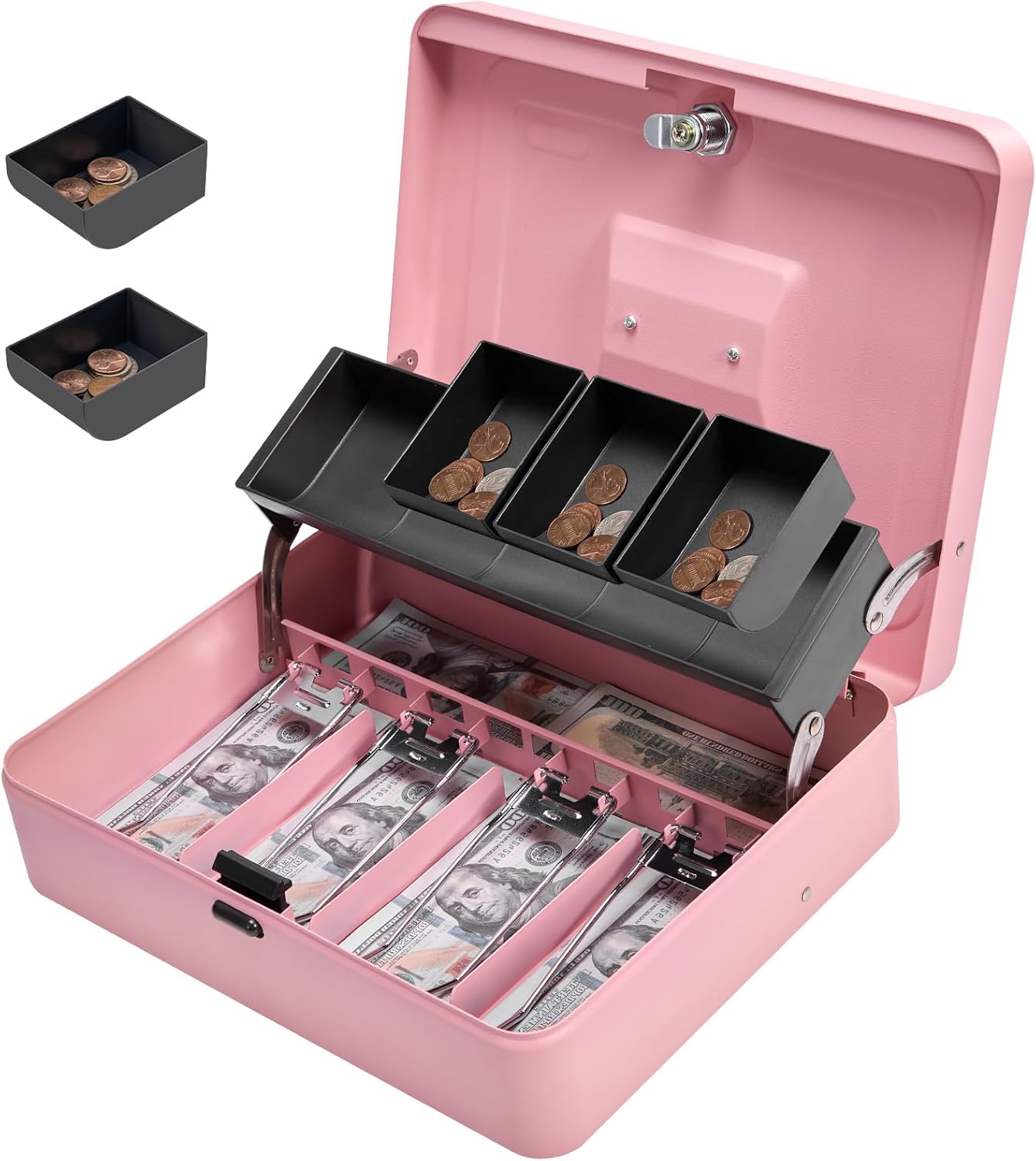 Cash Box Metal Money Box with Tray & Key Lock,Tiered Locking Cash Boxes,Durable Lock Safe Box with Key,4 Bill 5 Coin Slots,Cantilever Design,Large (Large, Top-Key Pink)