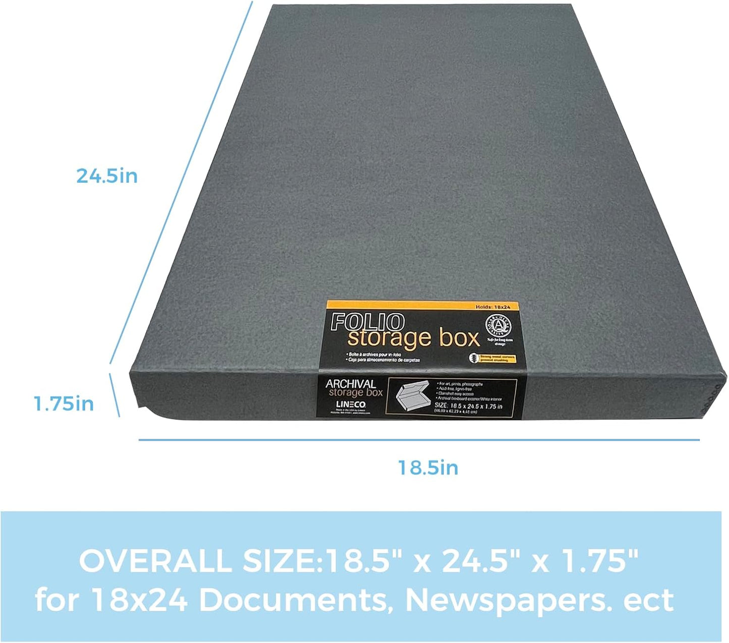 Lineco Folio Storage Box, Clamshell Design with Metal Edge. 18.5x24.5x1.75 Inches, Archival Boxboard, Preserve Photos, Cards, Magazines, Documents, Art, Ephemera, Family Records, Gray, Pack of 1