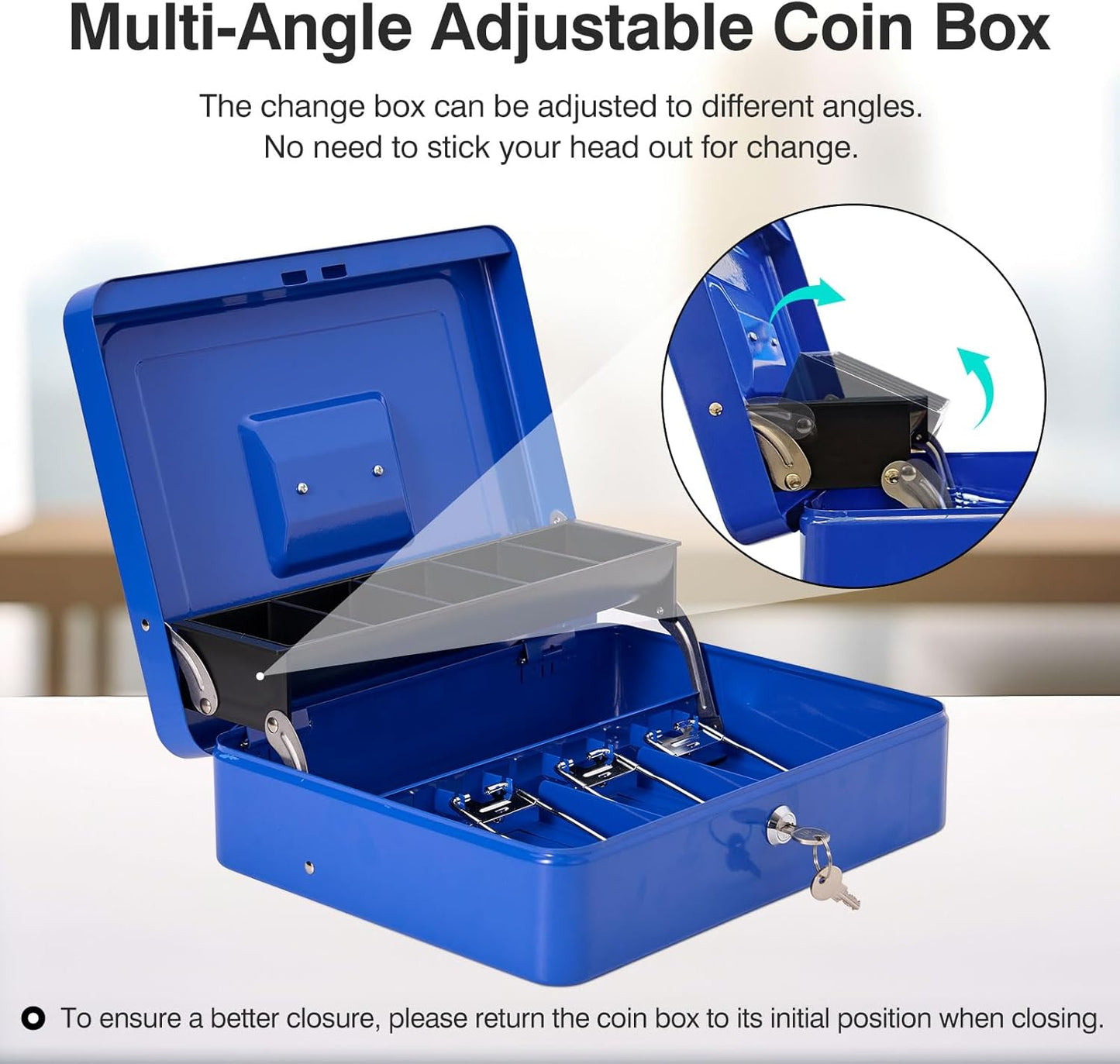 Large Locking Cash Box with Key Lock and Money Tray, Money Box with Cash Tray, Lock Safe Box for Office Business,11.8" x 9.5" x 3.5", Blue