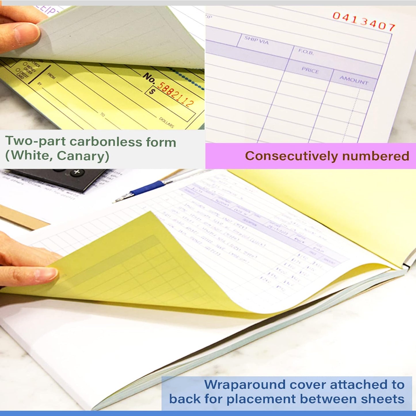 BAZIC All Purpose Order Book, 50 Sets 8 3/8" x 10 11/16" 2-Part Carbonless, White & Bound Wraparound Cover (50 Sets/Pk), 4-Packs