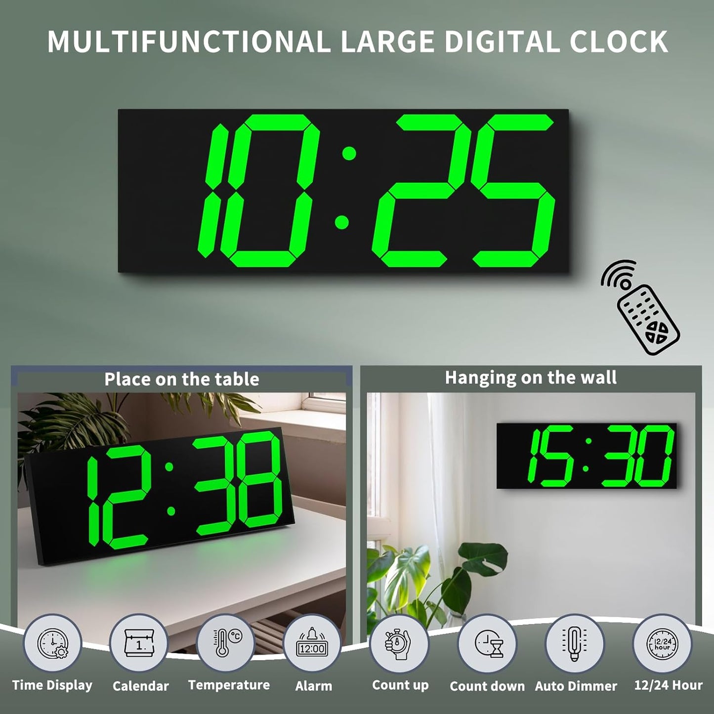 18.7in Large Digital Wall Clock,LED Digital Clock whih Big Number,Multi-Function Remote Controlled Wall Clock with Timer, Alarm and Calendar Display(Green)