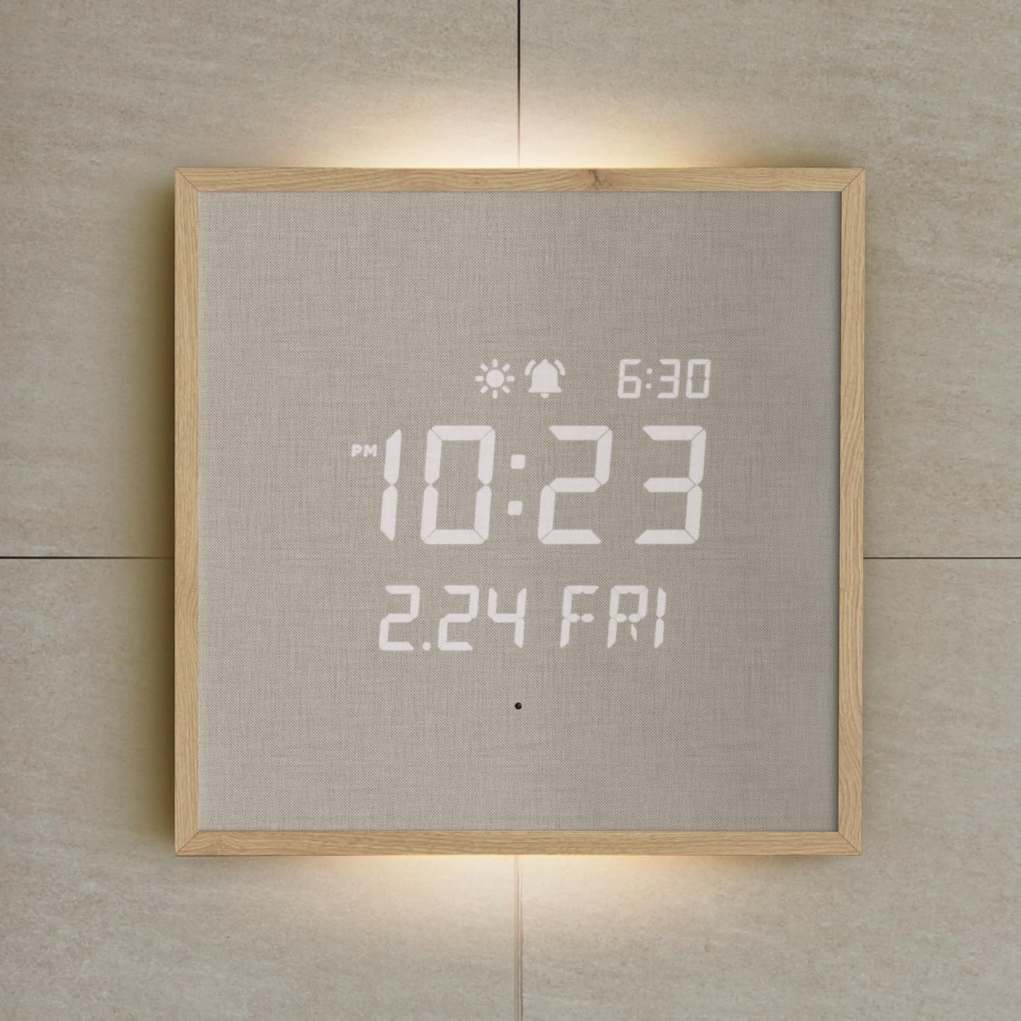 mooas Wooden Frame LED Silent Wall Clock with Remote, Backlit Nightlight, Modern Digital LED Wall Clock Display Sunrise Alarm Melody 5 Brightness for Bedroom Living Room (Wooden Frame Light Brown)