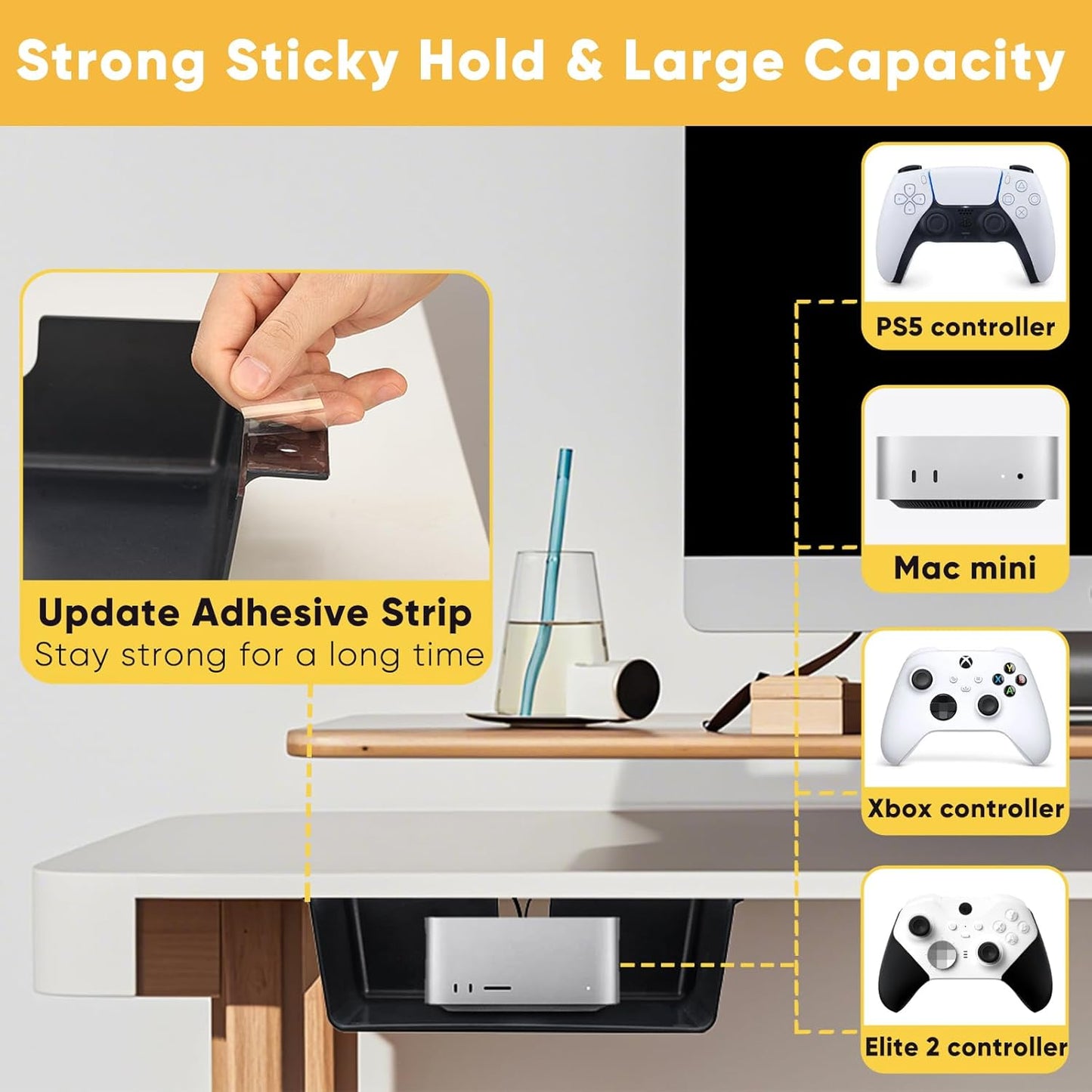 4 Pack Under Desk Hanging Shelf Drawer Organizer, Attachable Plastic Hidden Storage Tray, Easy Adhesive Mount Holder for Standing Tables, Office, Counters, Cabinets, Workstations - Black