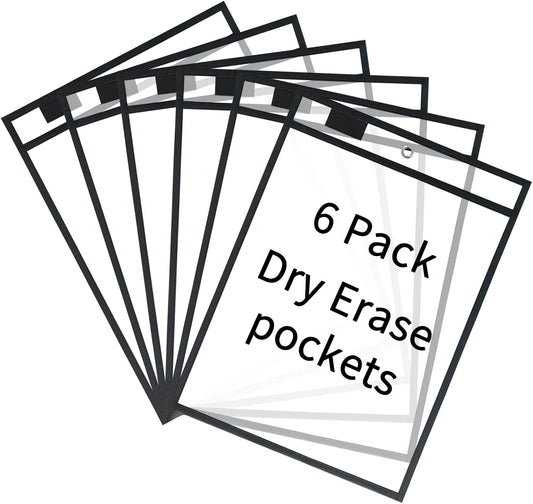 6 Packs Oversized Reusable Dry Erase Pocket Sleeves, Black 10x14 Ticket Holders, Clear Plastic Sheet Protectors, Teacher School Classroom Supplies