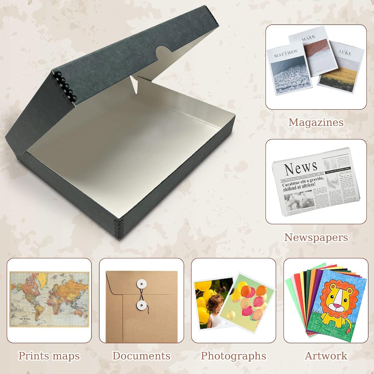 Golden State Art, Archival Folio Storage Box 9x12, Clamshell Design with Metal Edge, Preserve And Store Photos Documents Cards Prints Arts Crafts DIY, Gray