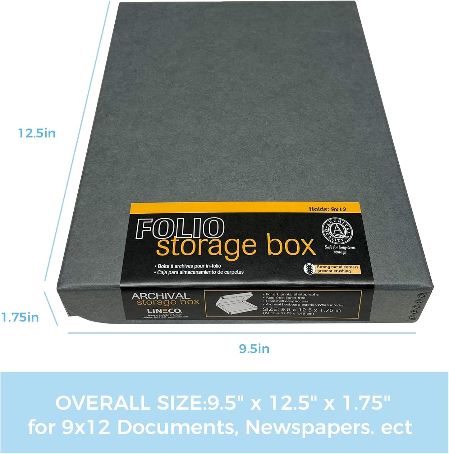 Lineco Folio Storage Box, Clamshell Design with Metal Edge. 9.5x12.5x1.75, Archival Boxboard, Preserve Photos, Prints, Cards, Magazines, Documents, Art, Ephemera, Family Records, Gray, Pack of 2