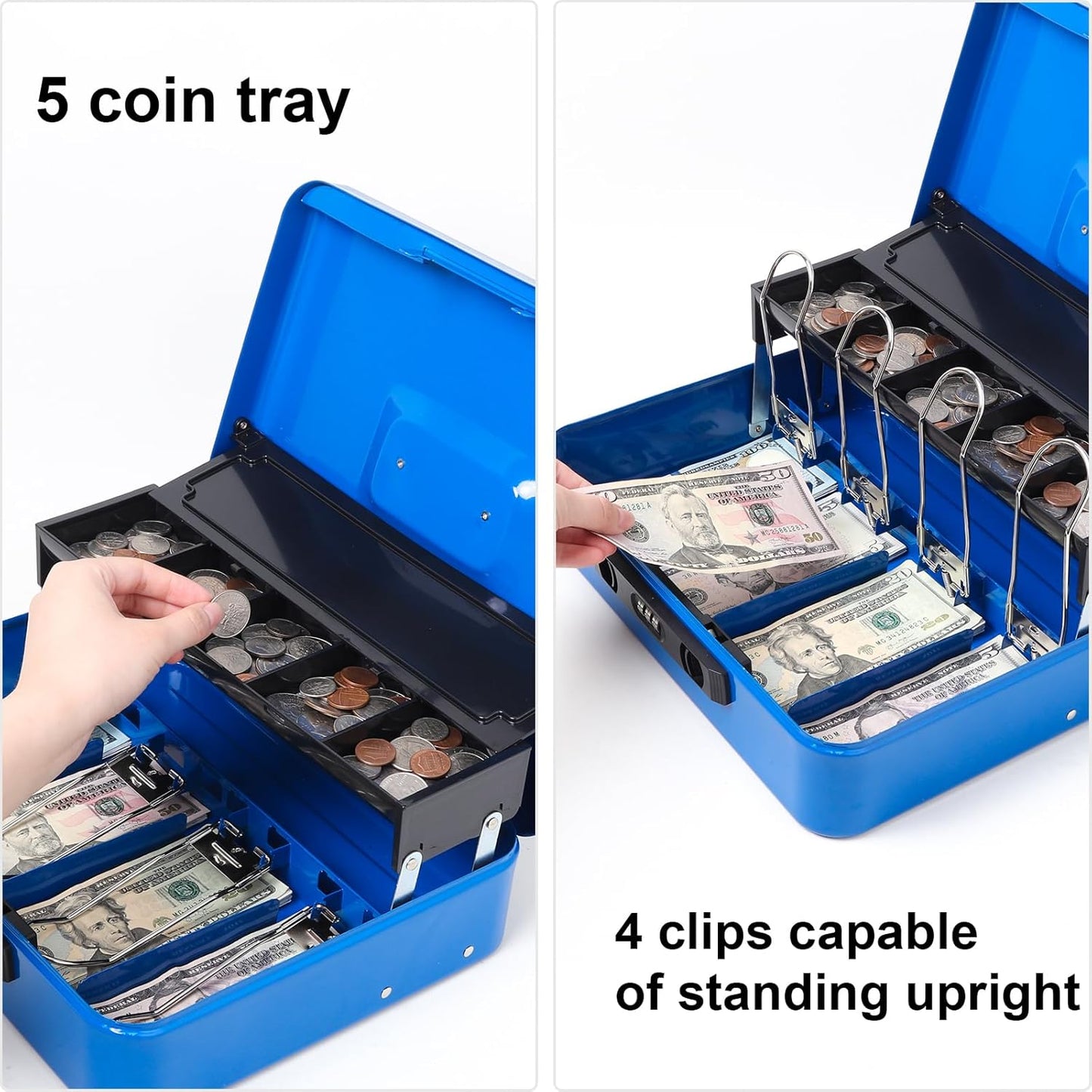 Jssmst Locking Cash Box with Coin Lid, 11.8L x 9.5W x 3.5H Inches, Latch Safe Money Box with Combination Lock, Blue
