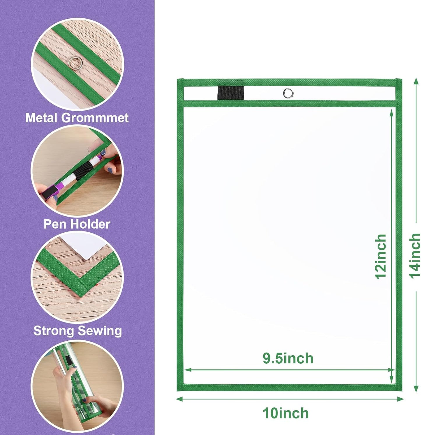 Nezyo Dry Erase Pockets Plastic Job Ticket Holders Shop Holder Order Pockets Clear Sleeves Tickets Folders Plastic Sleeves Paper Teacher Supplies for Classroom(14 x 10 in,Green,50 Pcs)