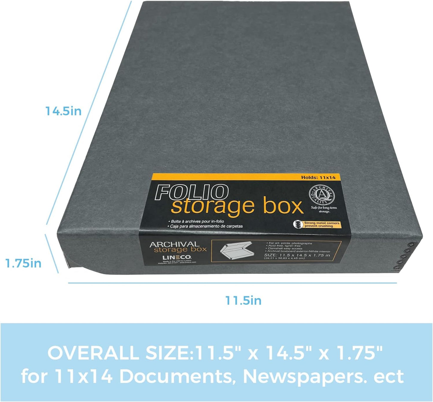 Lineco Archival Folio Storage Boxboard, Acid-Free with Metal Edges Boxboard, 11.5 X 14.5 X 1.75 Inches, Longevity Organize and Store Photos Documents Crafts Cards Magazines Prints DIY, Gray Exterior